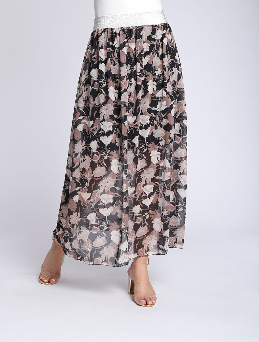 Jupe longue à imprimé fleuri et ceinture irisée - Noir - 4
