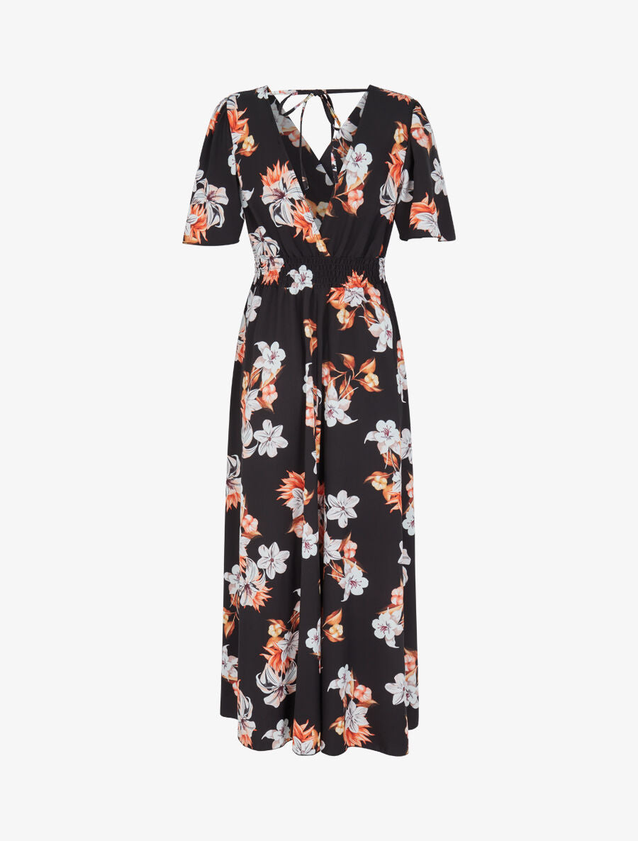 Robe longue imprimé bouquet de lys à manches papillon - Noir - 2