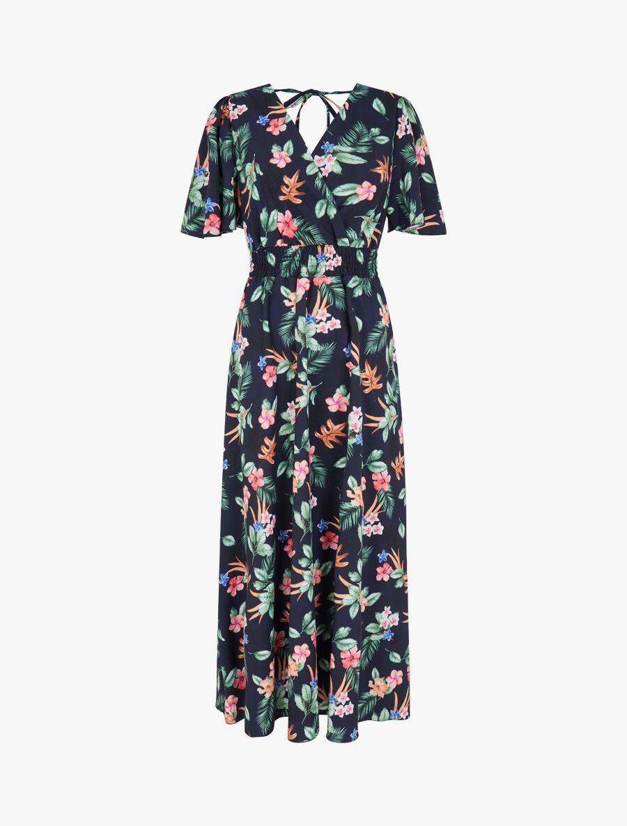 Robe longue imprimé fleur de tiaré à manches papillon - Bleu nuit - 1