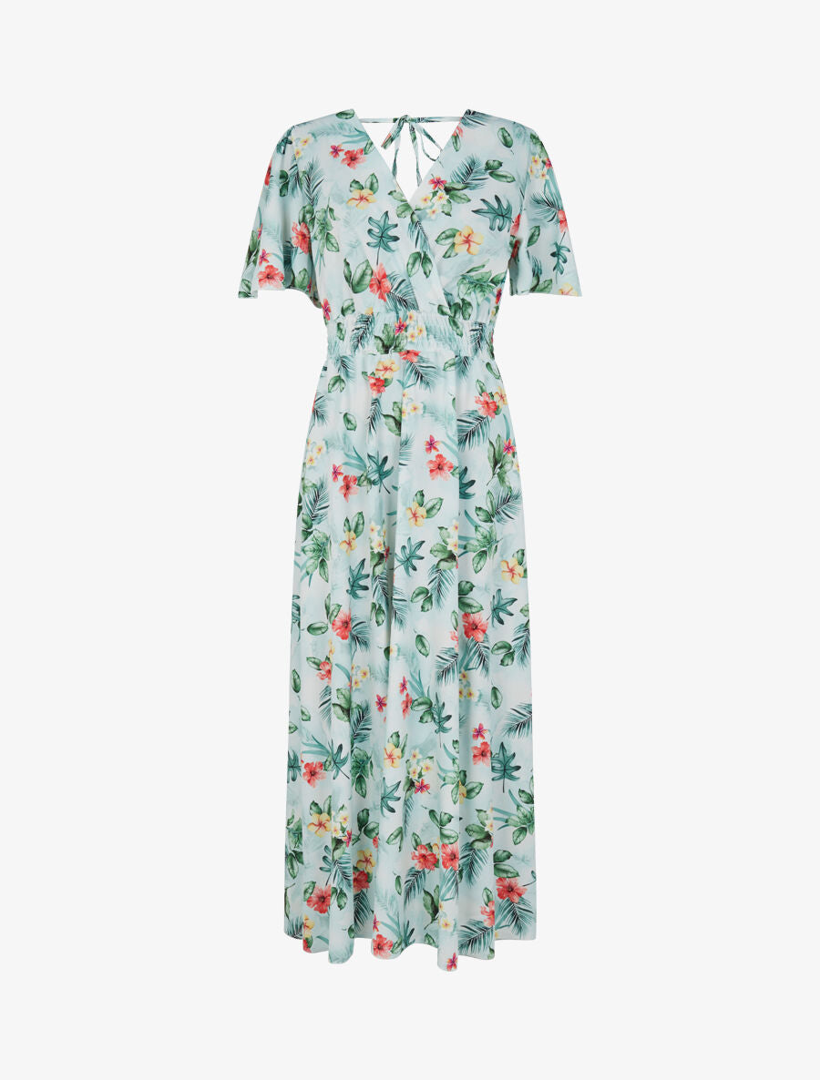Robe longue imprimé fleur de tiaré à manches papillon - Vert menthe - 4