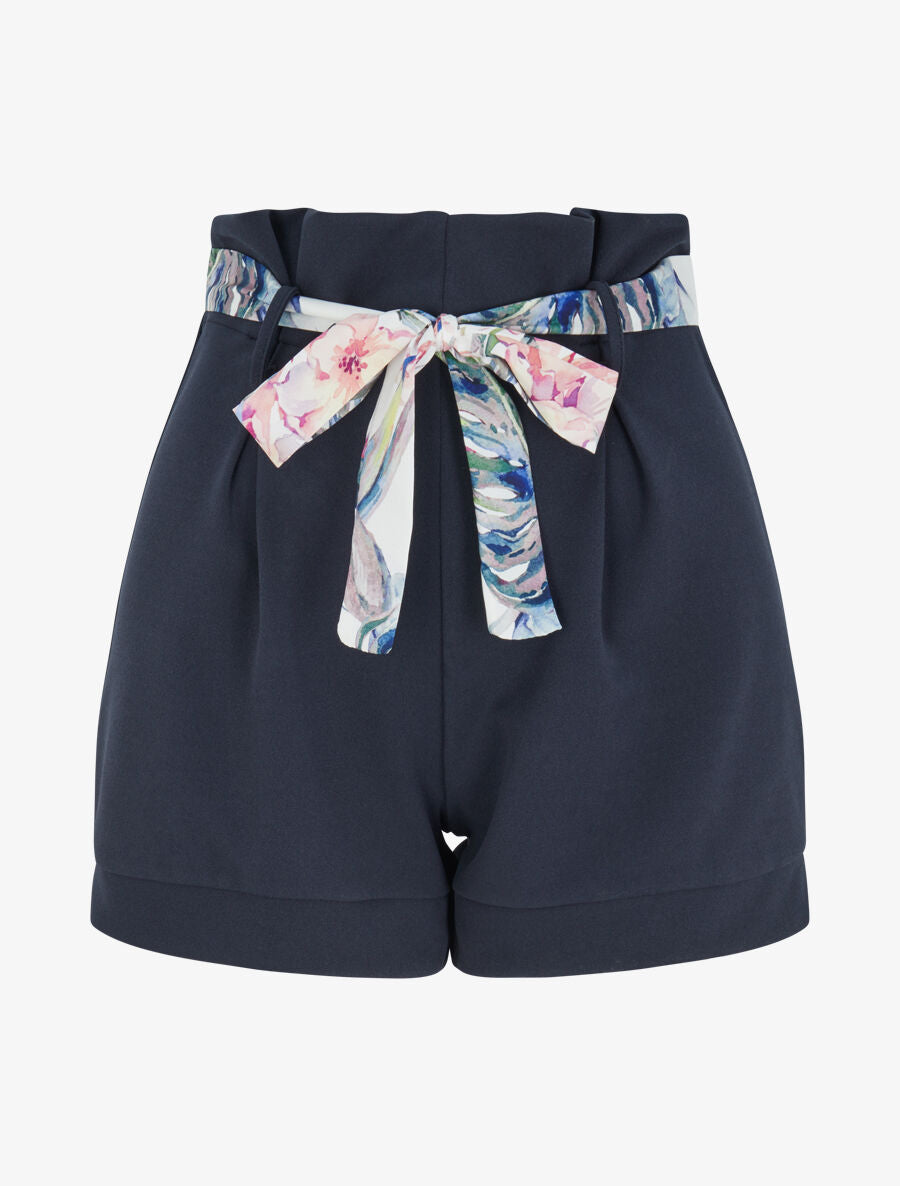 Short taille haute à ceinture imprimé fleurs tropicales - Marine - 4