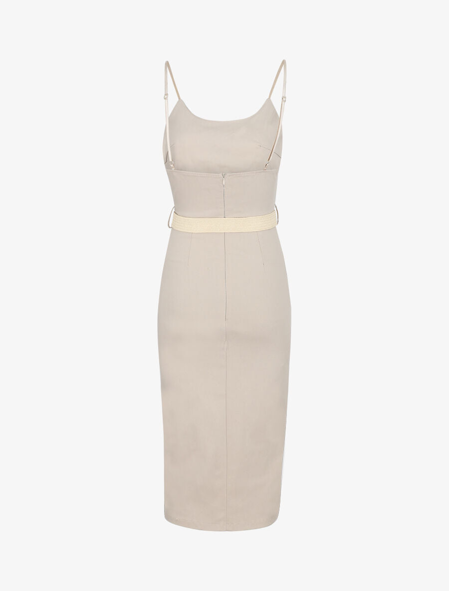 Robe mi-longue fendue - Beige - 2