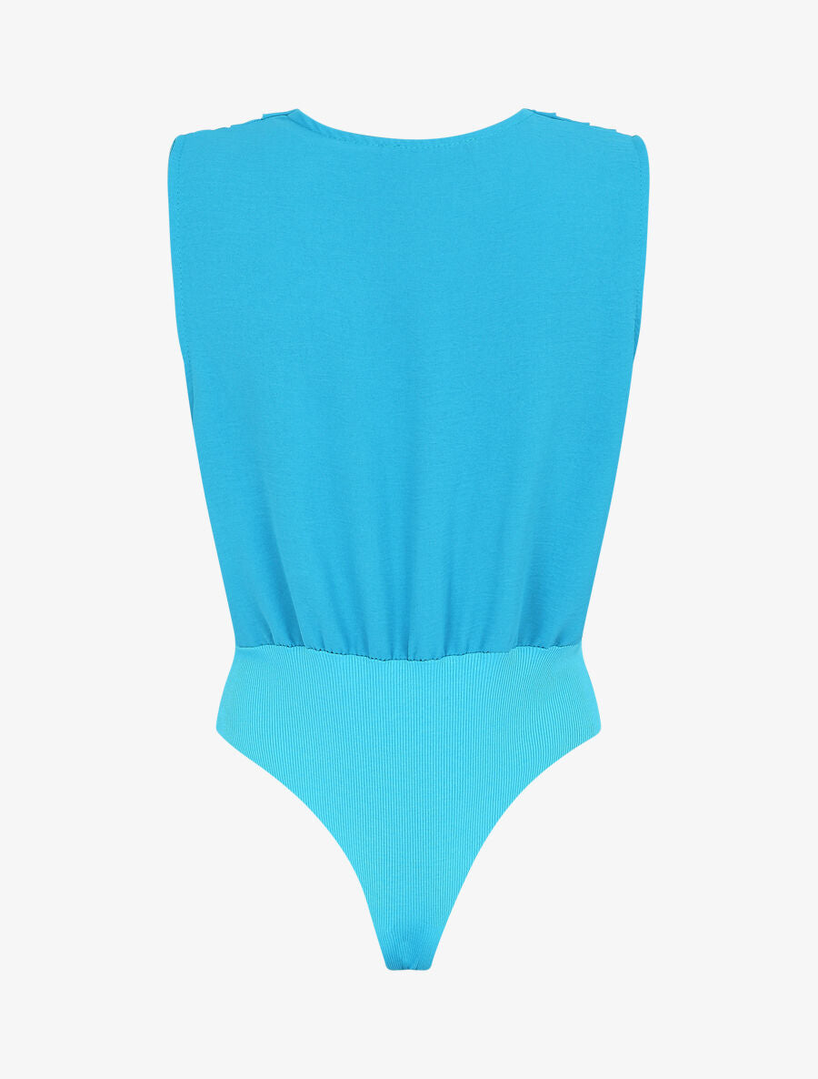 Body bi-matière à col cache-coeur - Bleu ciel - 2