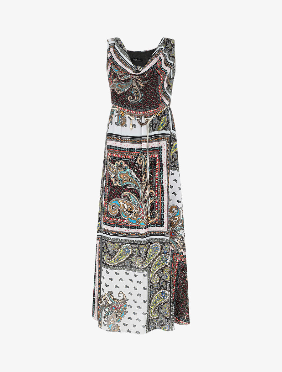 Robe longue col bénitier imprimé cachemire - Noir - 4