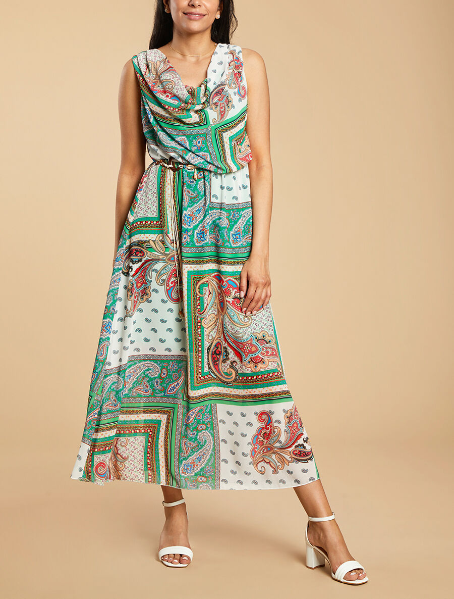 Robe longue col bénitier imprimé cachemire - Vert - 1