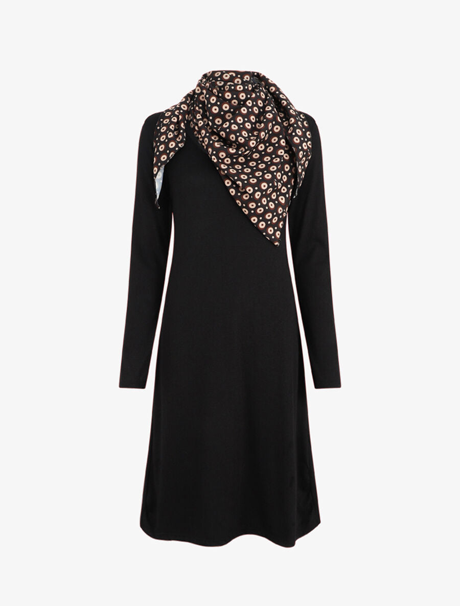 Robe pull mi-longue avec foulard - Noir - 1
