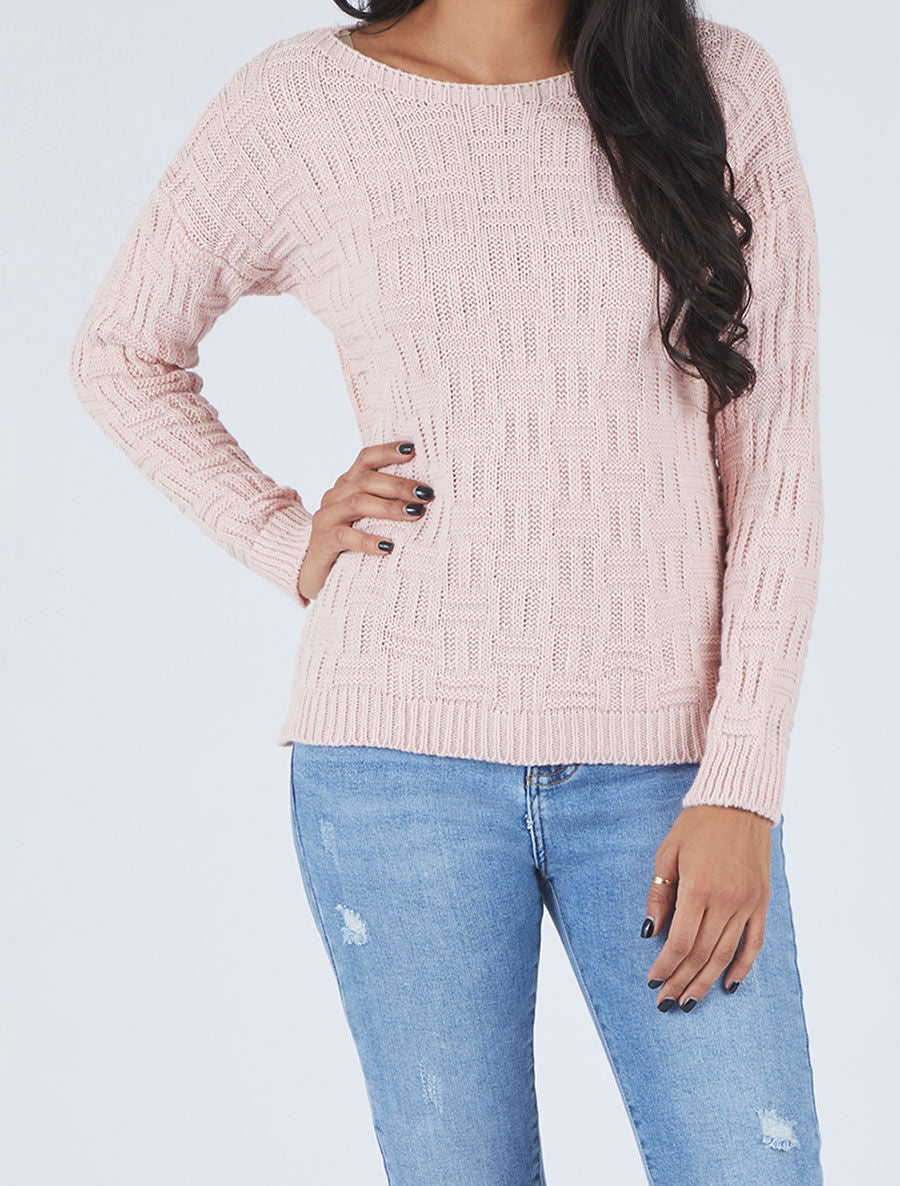 Pull uni en maille à imprimé graphique - Rose - 4