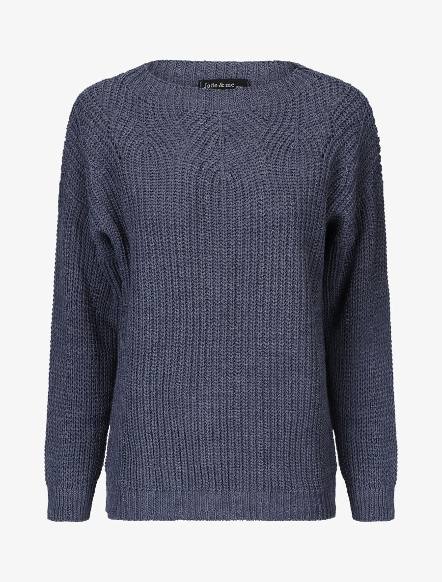Pull uni en grosse maille à col bateau - Bleu - 4