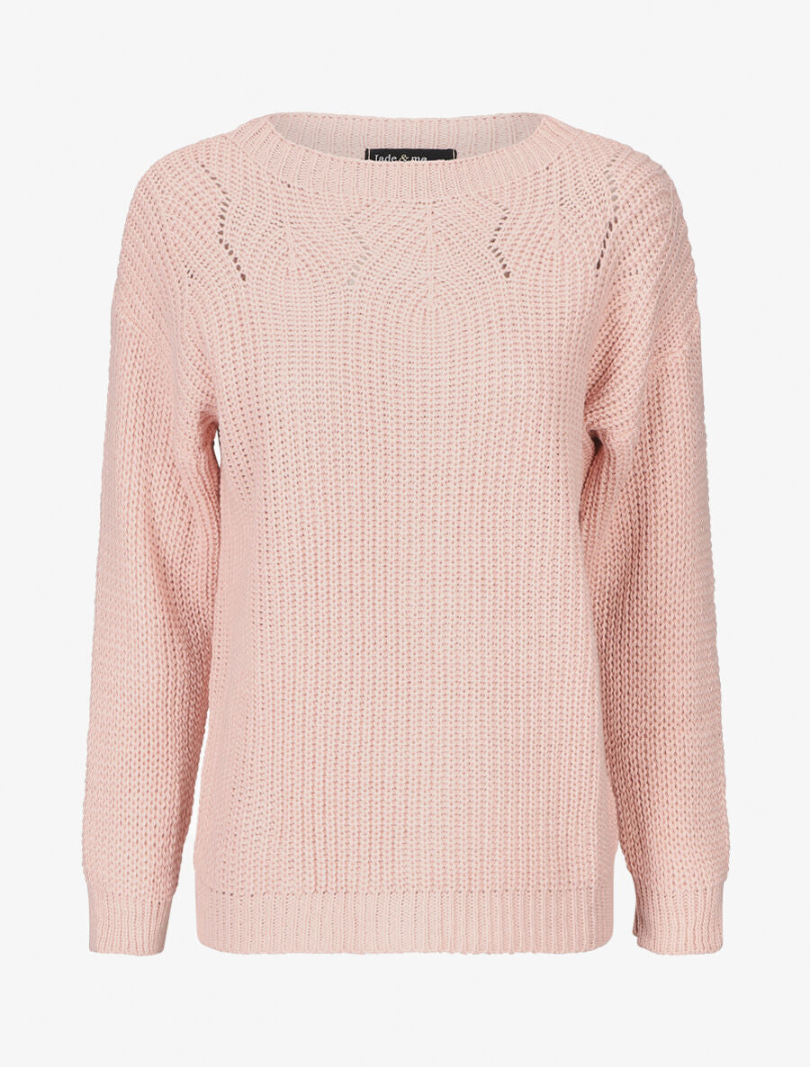 Pull uni en grosse maille à col bateau - Rose - 1
