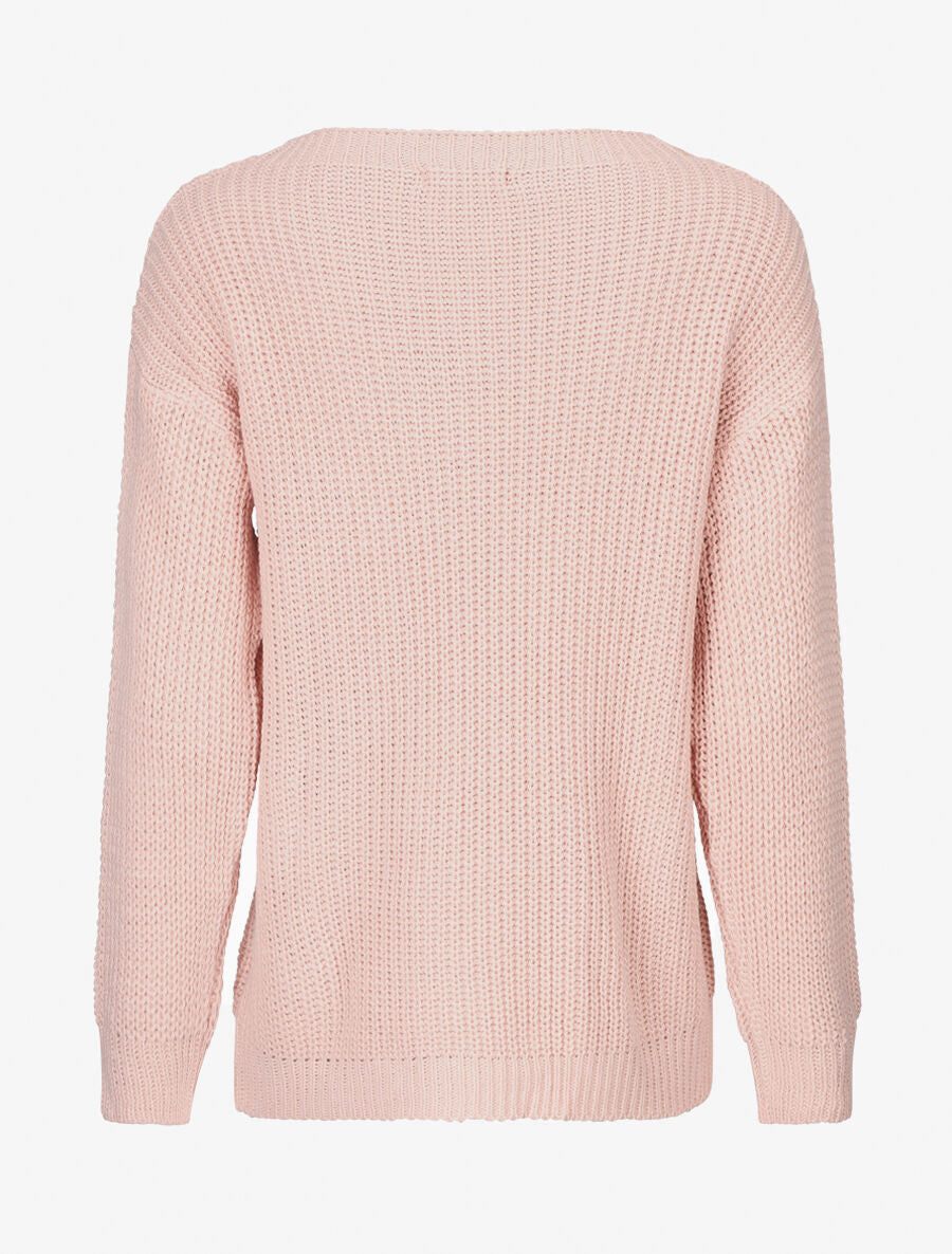 Pull uni en grosse maille à col bateau - Rose - 2