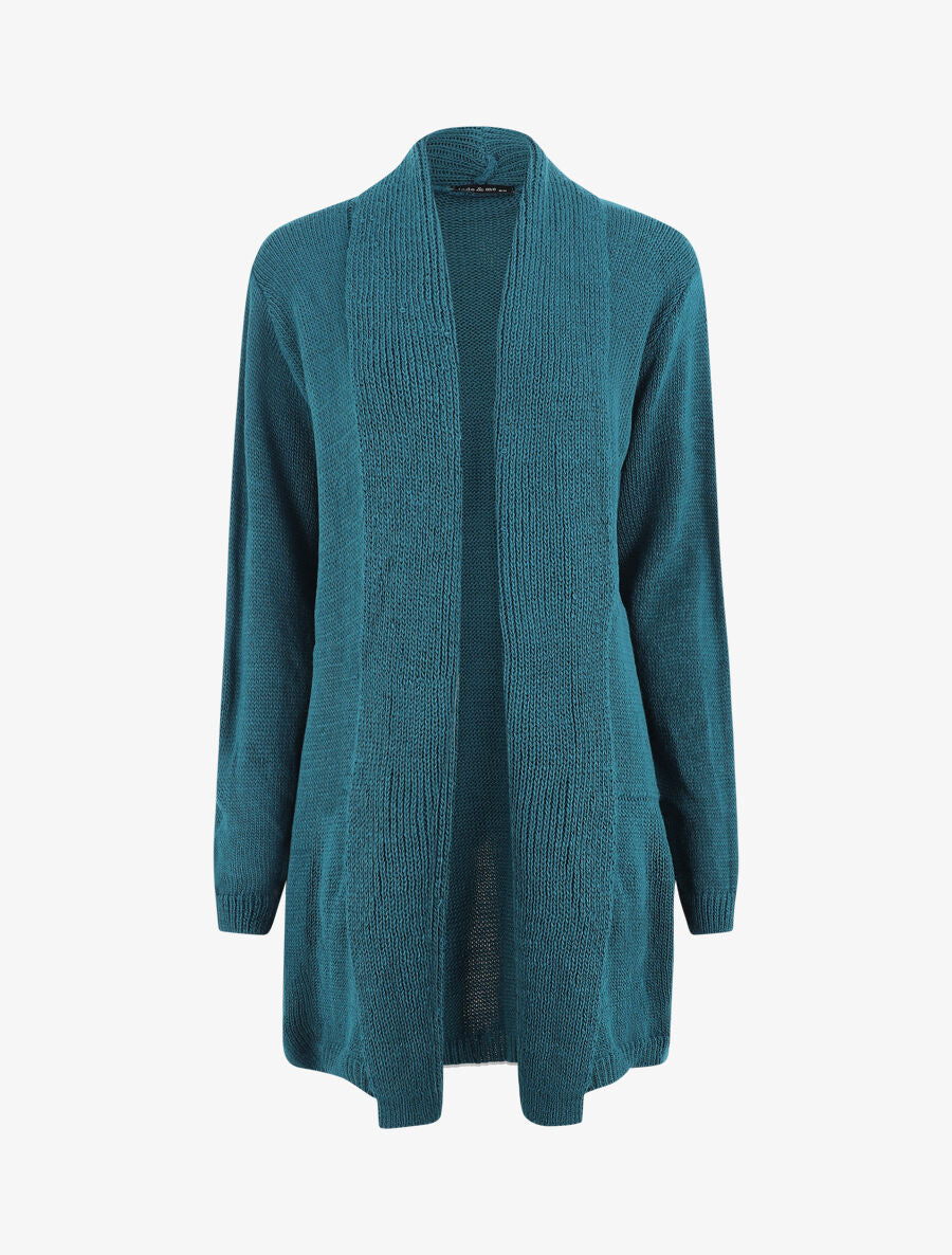 Gilet mi-long ouvert en maille - Bleu canard - 1