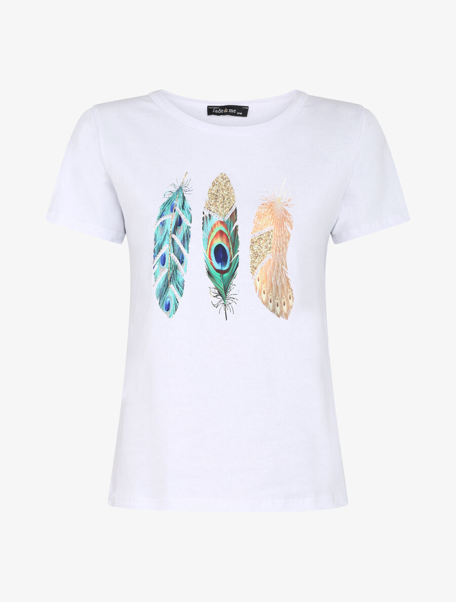 T-shirt à motif plumes et strass - Blanc - 1