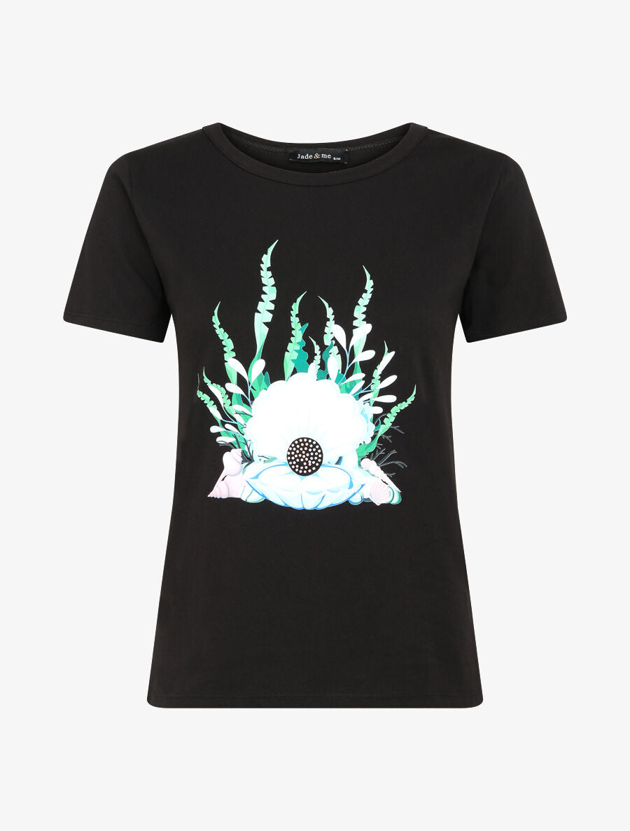 T-shirt à motif coquillage et strass - Noir - 4
