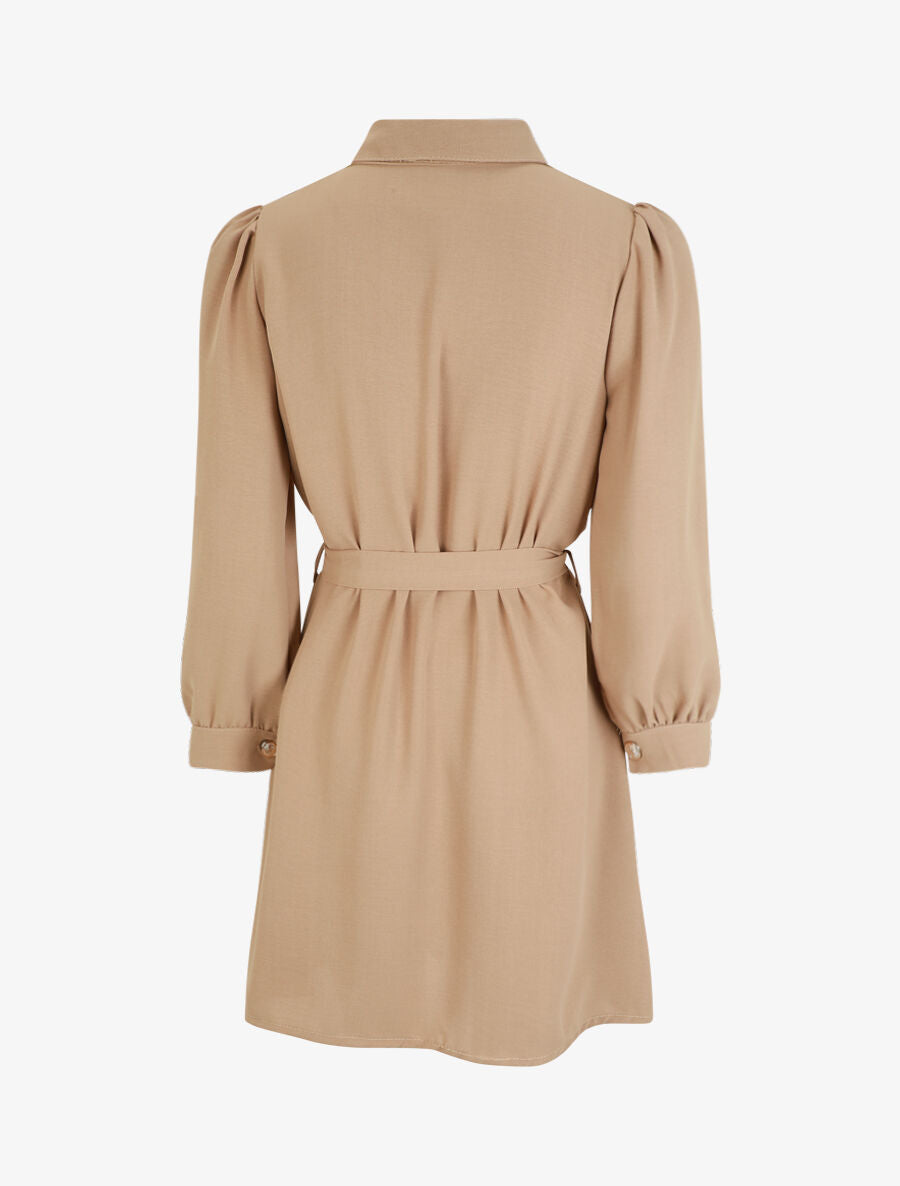 Robe chemise unie à manches longues - Beige - 2