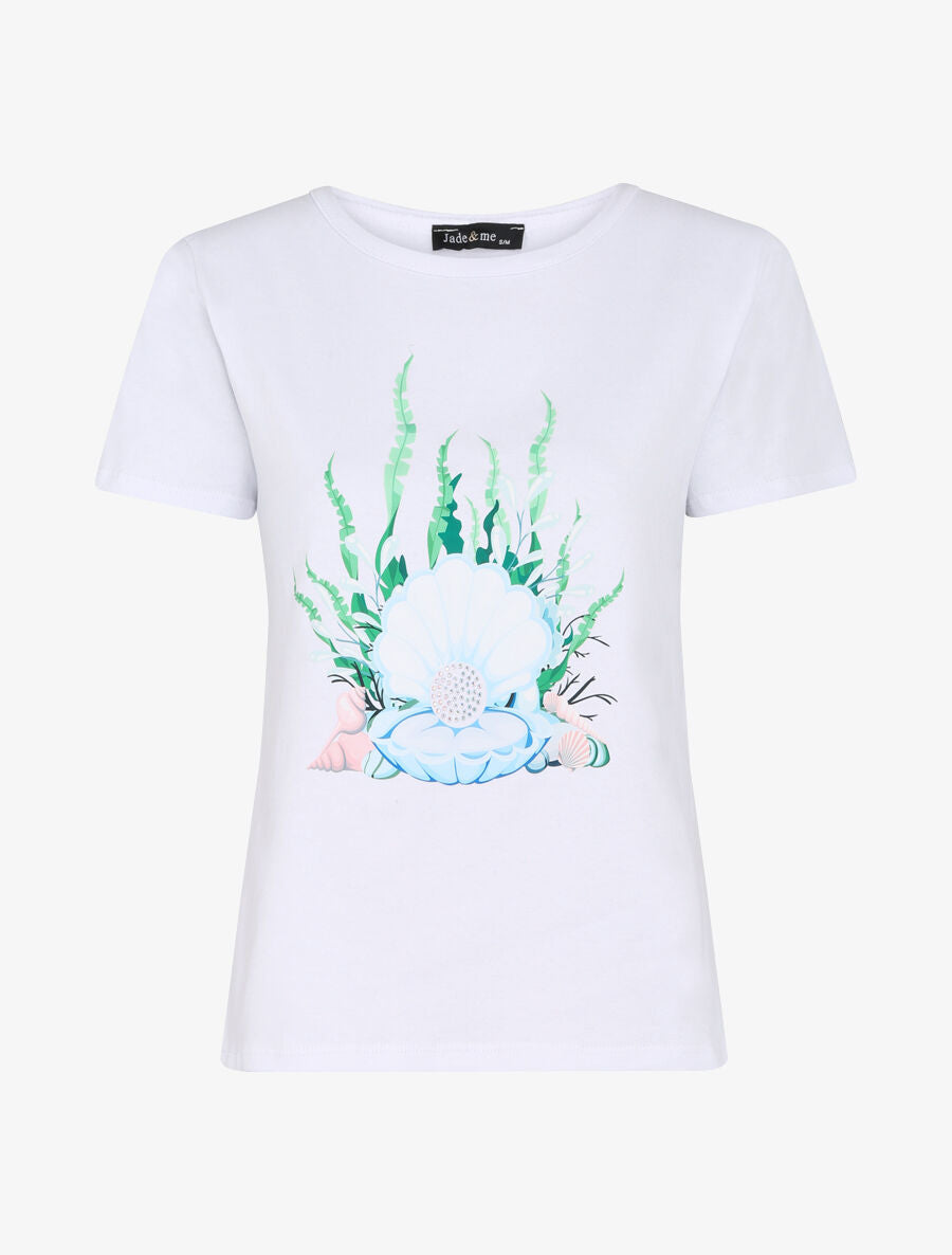 T-shirt à motif coquillage et strass - Blanc - 1