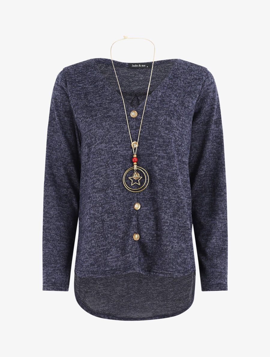 Pull ample à boutons décoratifs - Bleu foncé - 5