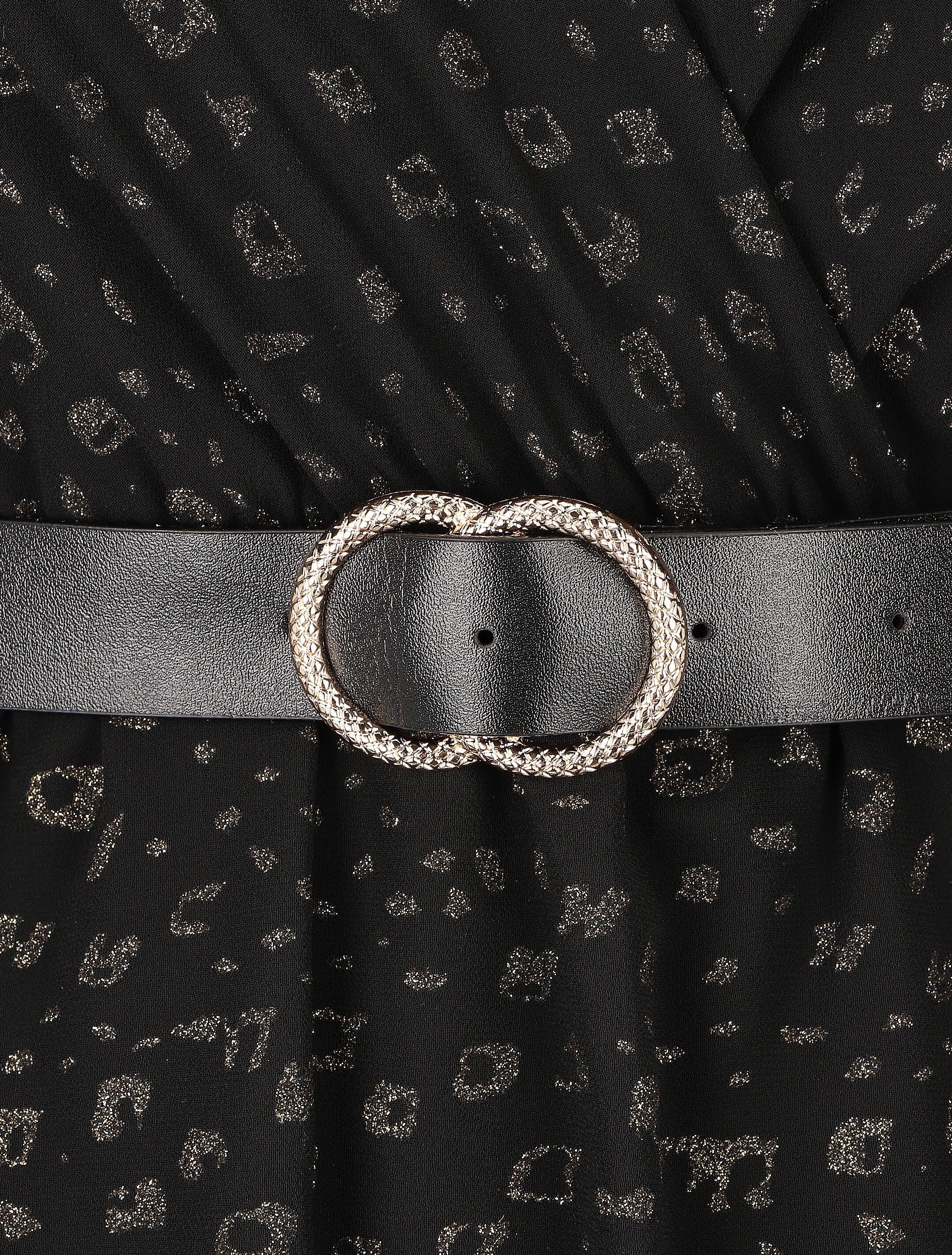 Robe mi-longue cache-coeur à imprimé graphique doré - Noir - 3