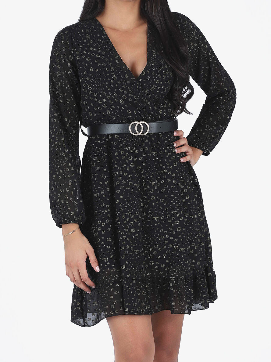 Robe mi-longue cache-coeur à imprimé graphique doré - Noir - 4