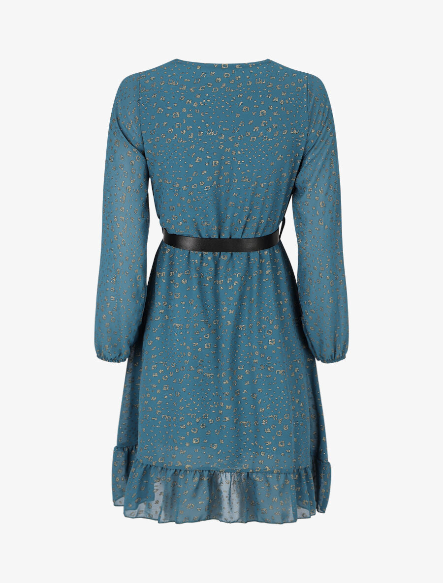 Robe mi-longue cache-coeur à imprimé graphique doré - Bleu canard - 2