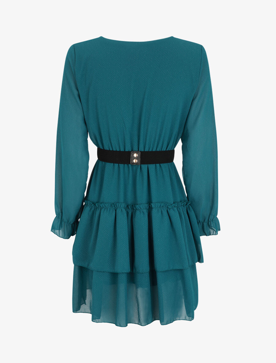 Robe à col cache-coeur volantée - Bleu canard - 2
