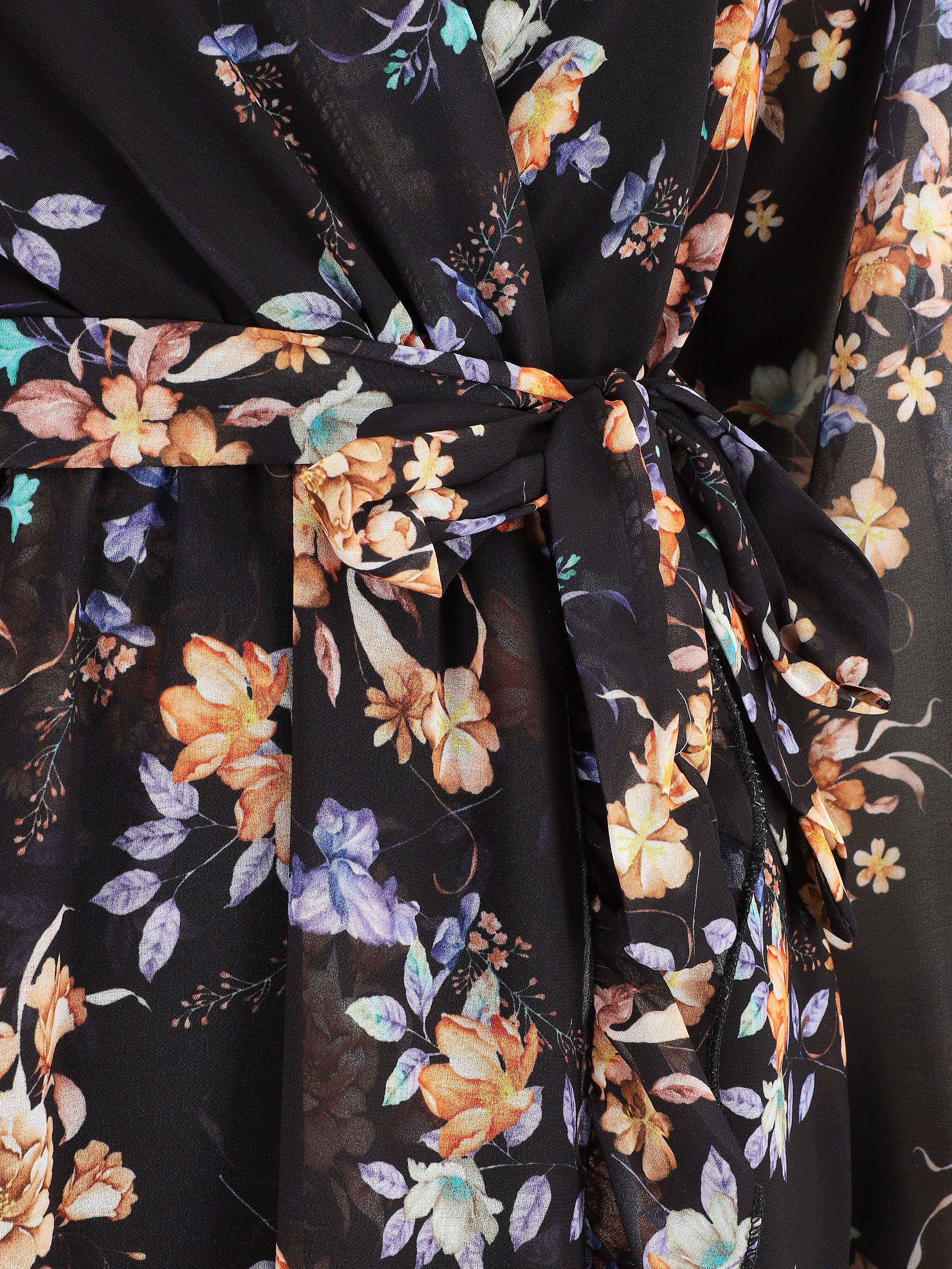 Robe à volants imprimé bouquet automnal - Noir - 3