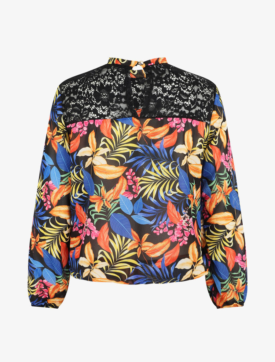 Blouse en voile imprimé tropical - Noir - 2