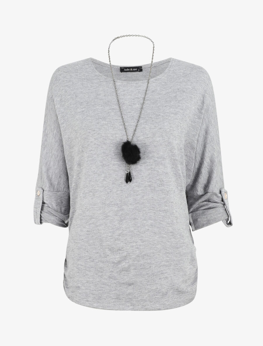 Pull ample uni avec sautoir - Gris clair - 5