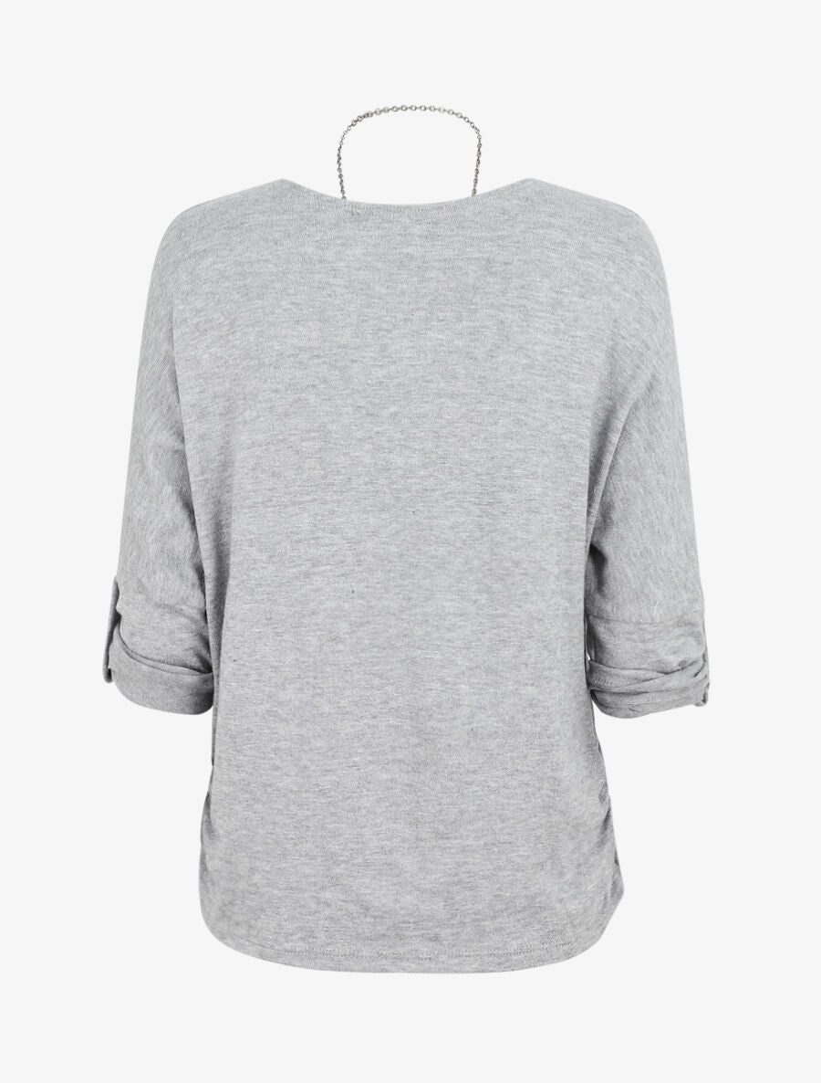 Pull ample uni avec sautoir - Gris clair - 2