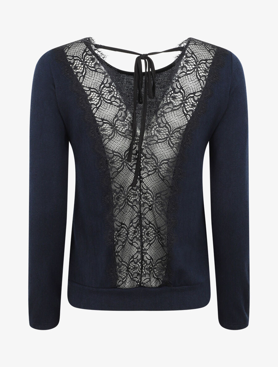 Pull droit à dos en dentelle - Bleu nuit - 2