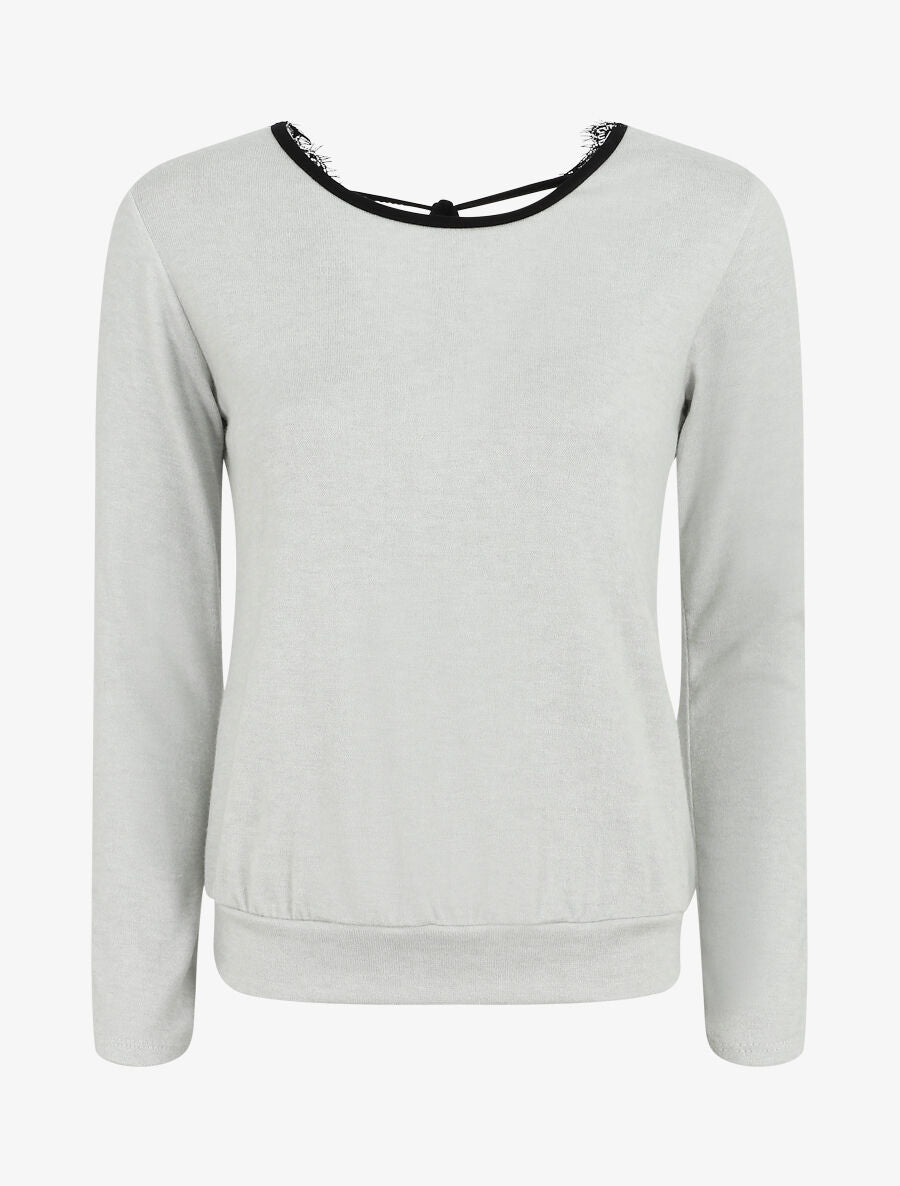 Pull droit à dos en dentelle - Gris clair - 1
