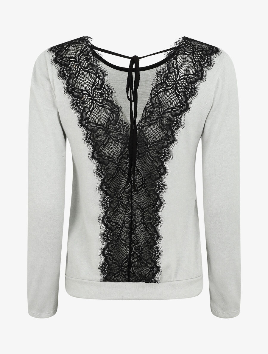 Pull droit à dos en dentelle - Gris clair - 2