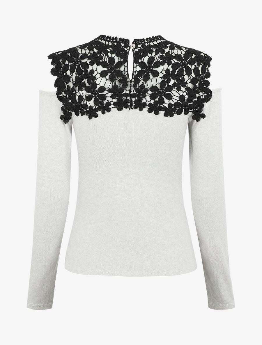 Pull à épaules ajourées en crochet - Gris clair - 2