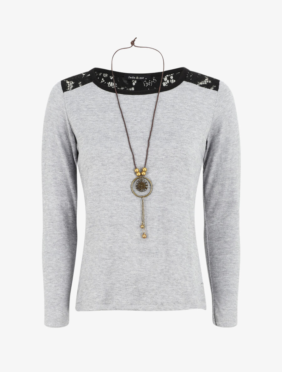 Pull uni à épaules dentelle - Gris - 5