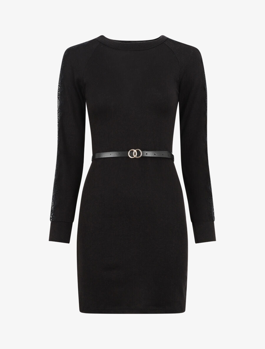 Robe pull courte à manches dentelle - Noir - 4