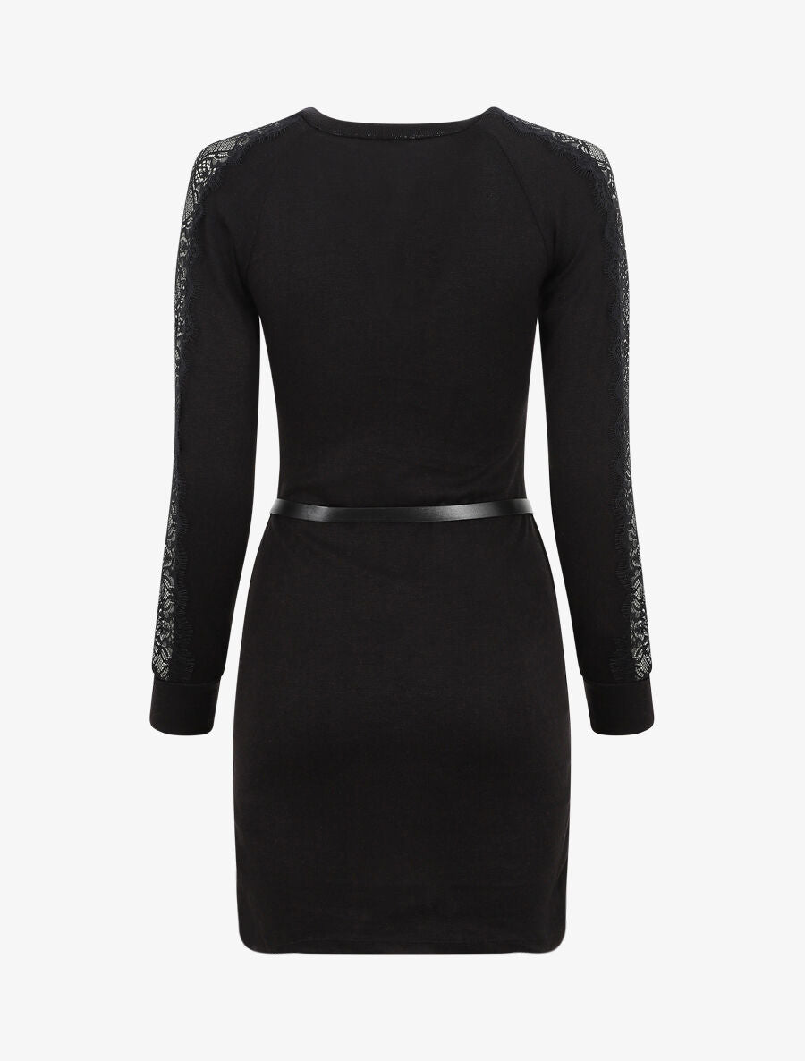 Robe pull courte à manches dentelle - Noir - 2