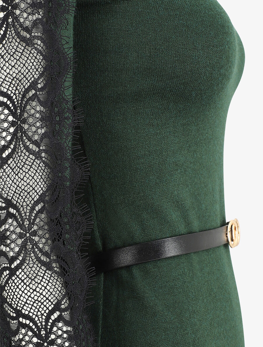 Robe pull courte à manches dentelle - Vert - 3