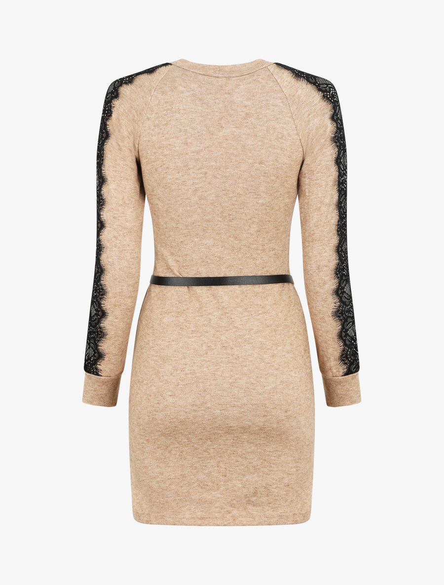 Robe pull courte à manches dentelle - Beige - 2