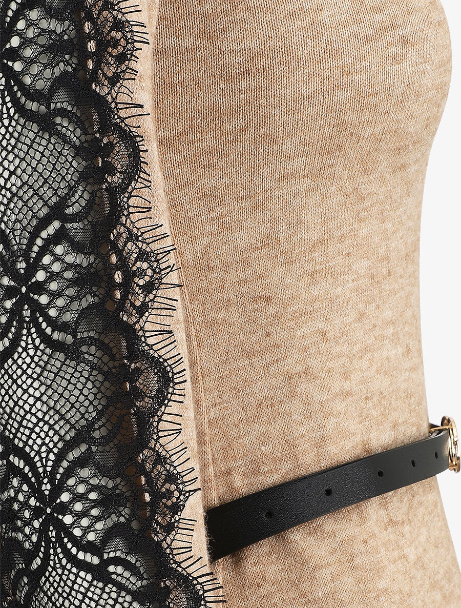 Robe pull courte à manches dentelle - Beige - 3