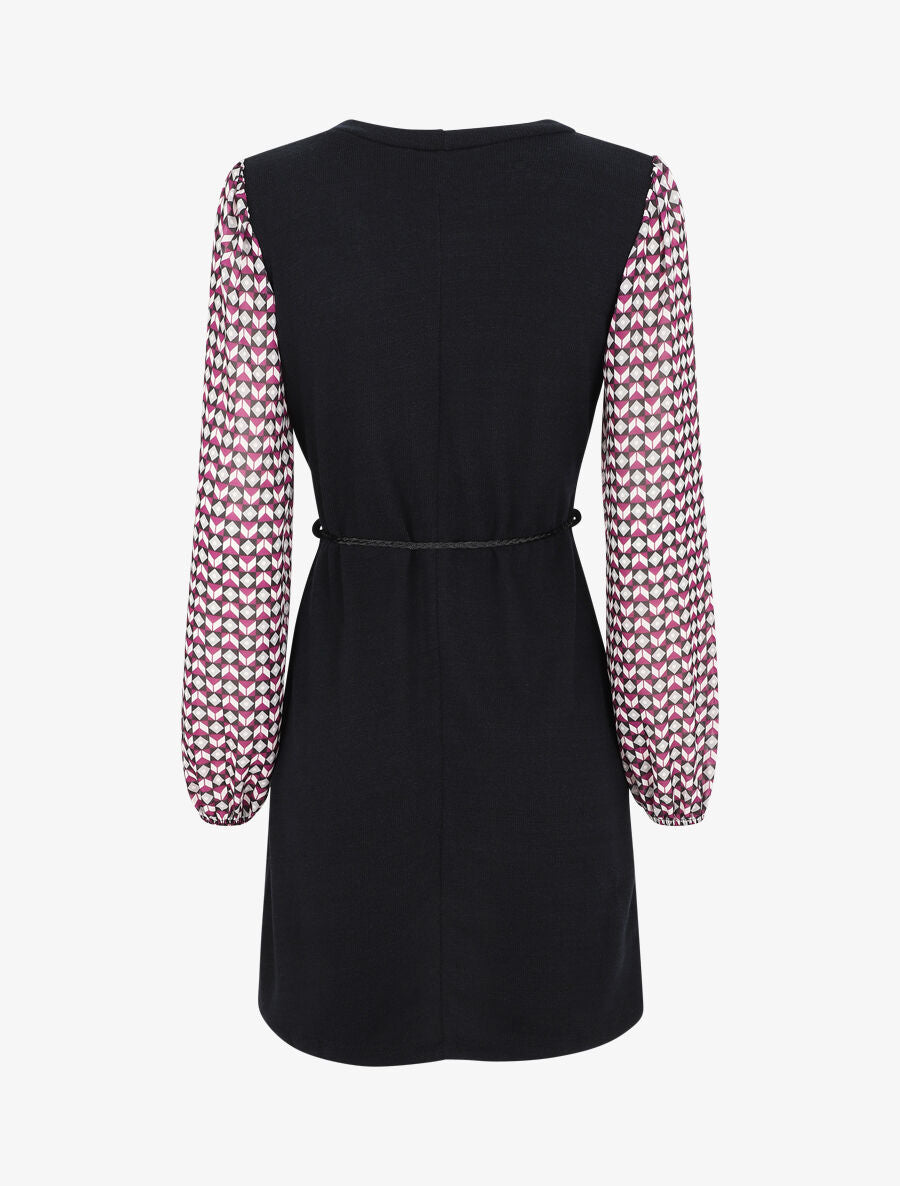 Robe coupe droite à manches imprimé mosaïque - Noir - 2