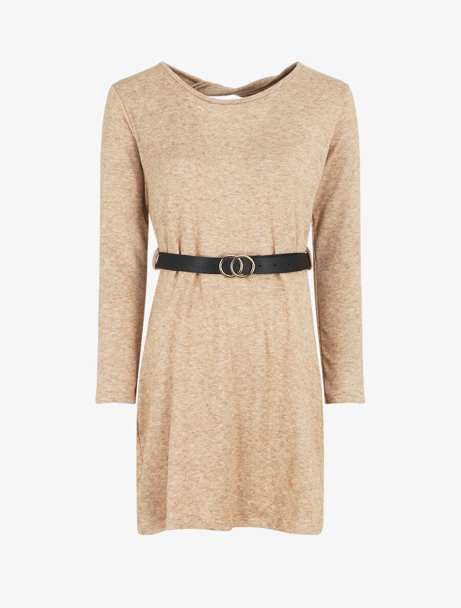 Robe pull courte à dos ajouré - Camel - 1