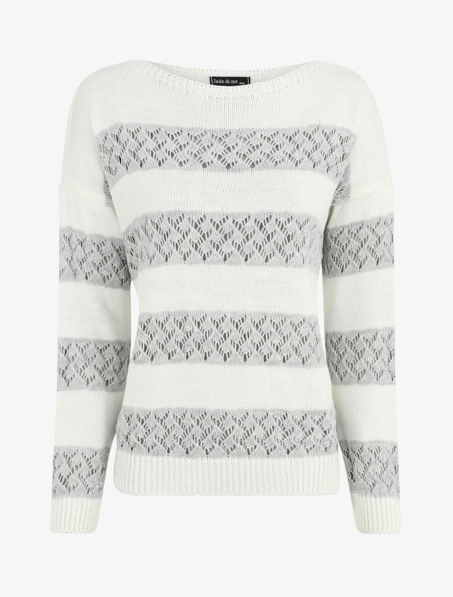 Pull rayé en maille ajourée - Gris clair - 1