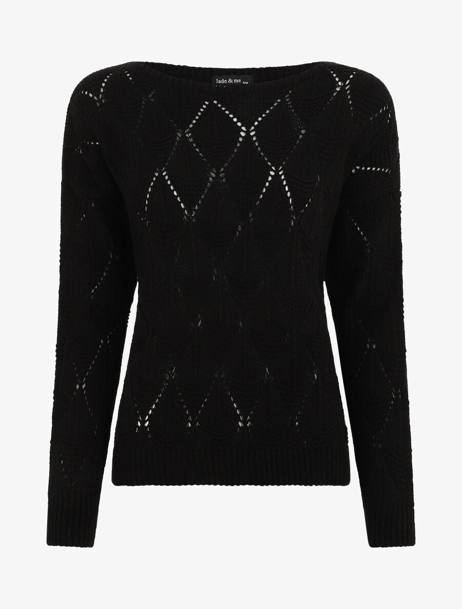 Pull uni en maille ajourée - Noir - 1