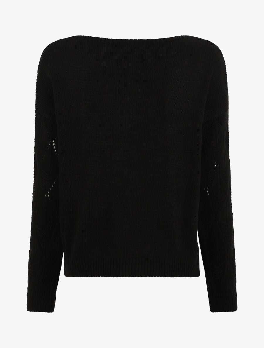 Pull uni en maille ajourée - Noir - 2