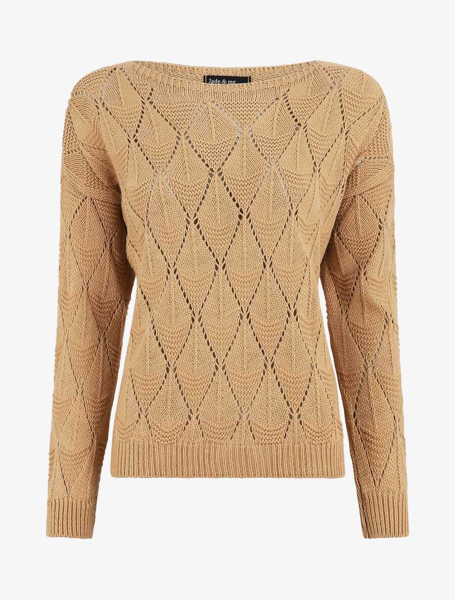 Pull uni en maille ajourée - Camel - 1