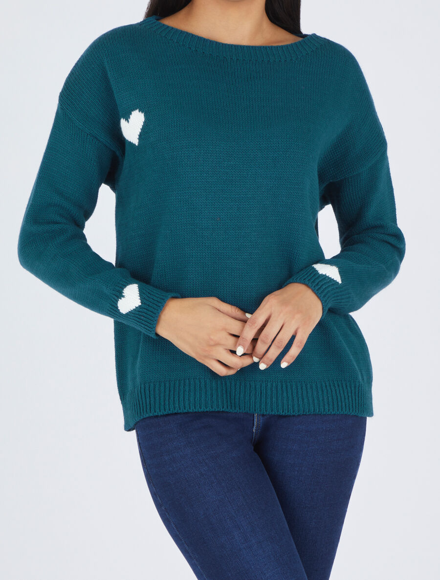 Pull droit à coeur - Bleu canard - 4