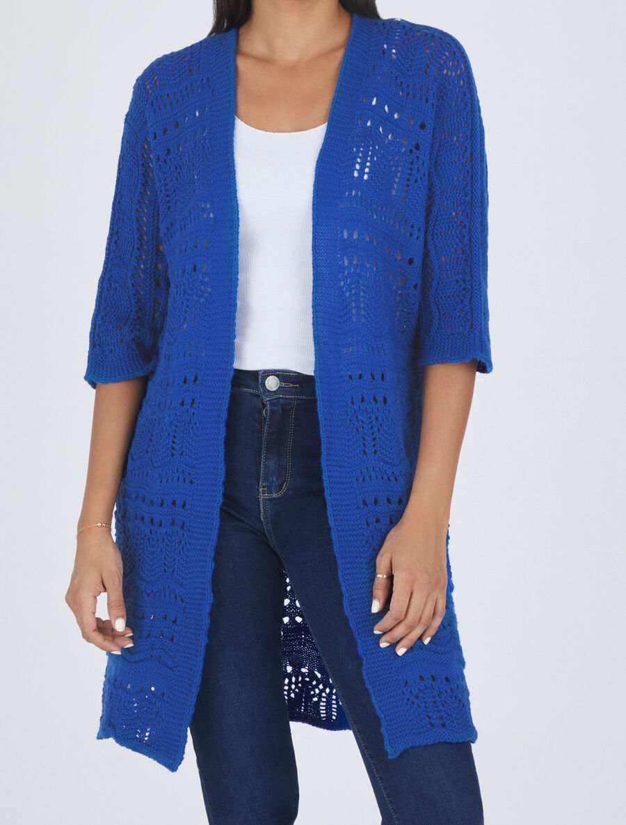 Gilet long en maille ajourée à manches 3/4 - Bleu roi - 4