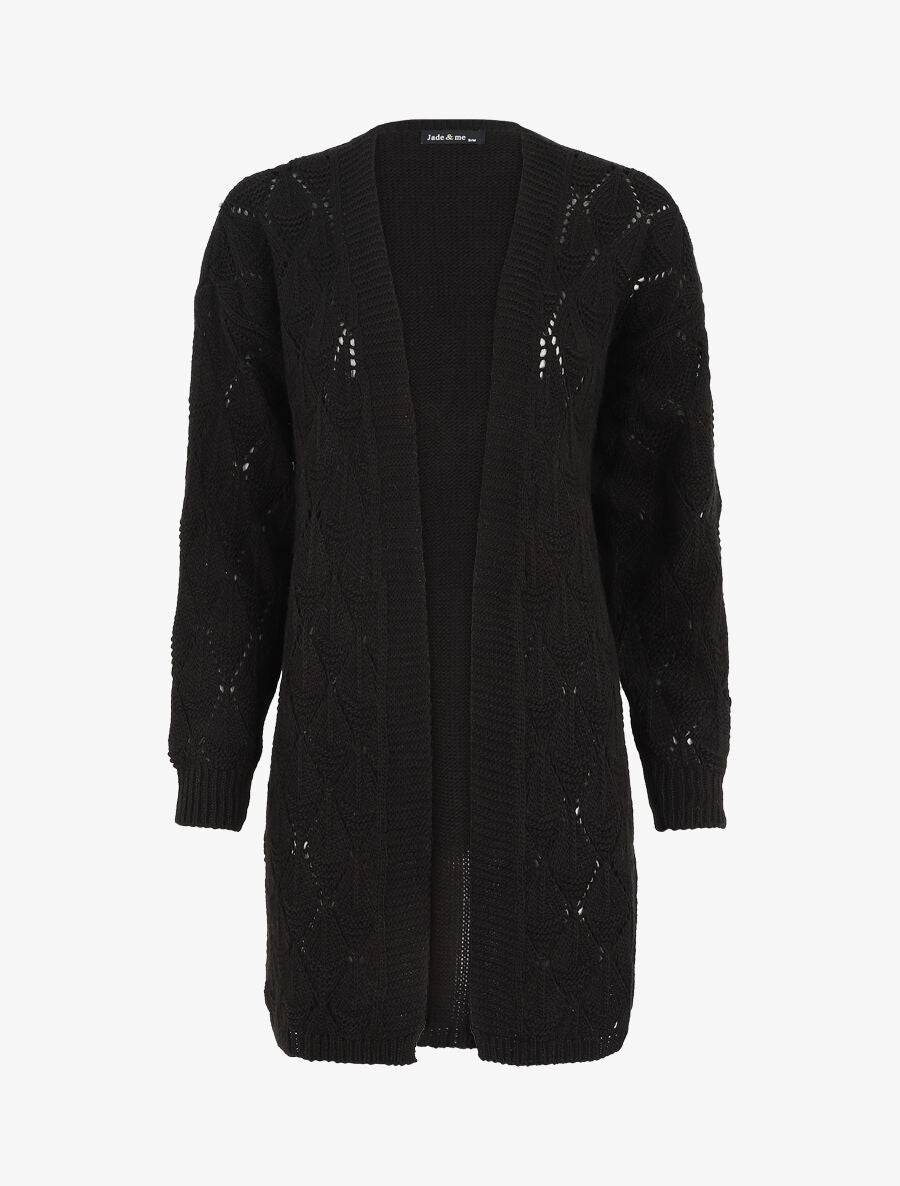 Gilet long uni en maille fine - Noir - 1