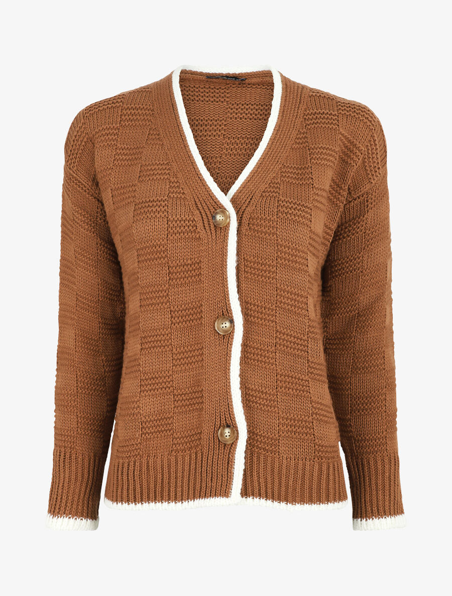 Gilet col V en maille stylisée - Camel - 4