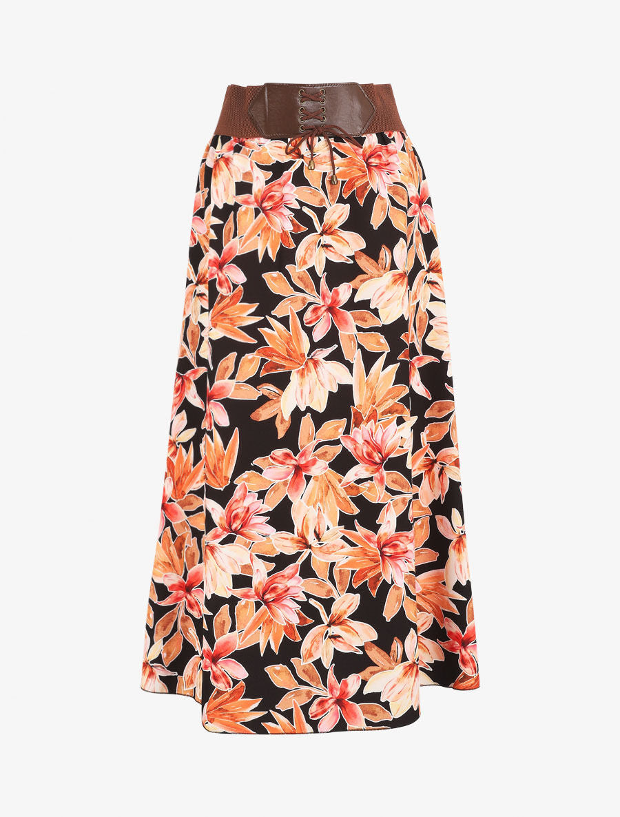 Jupe longue imprimé fleurs à taille haute - Noir - 4