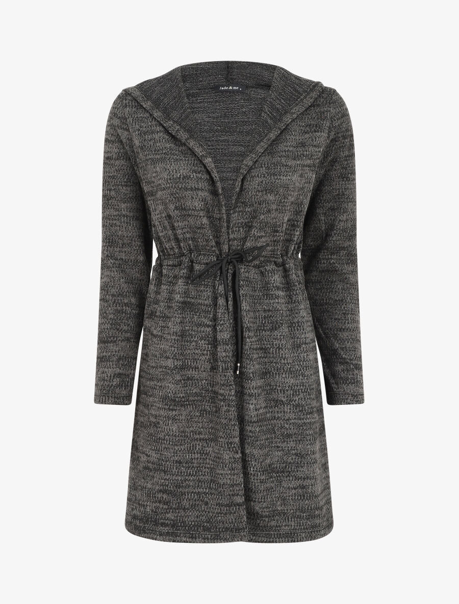 Gilet mi-long à capuche et liens - Noir - 1